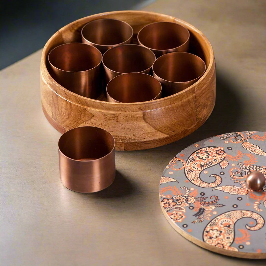 wooden spice box with 7 bowls, grey color